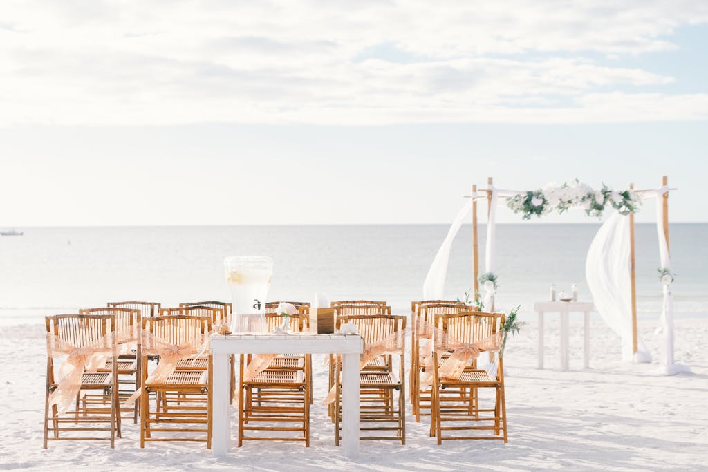Beautiful wedding setup with chairs and arch on St. Pete Beach, Florida.